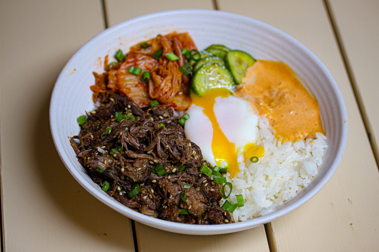 korean bibimbap with sous vide short ribs and sous vide egg