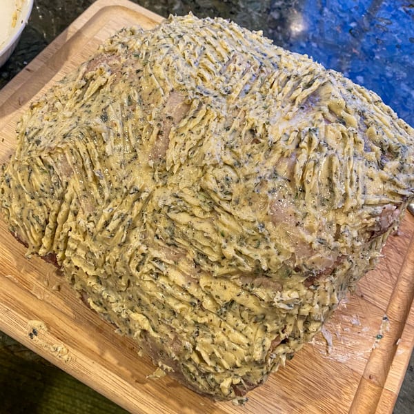 sous vide prime rib coated in herbed garlic butter compound