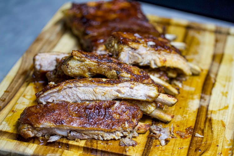 sous vide spare ribs sliced with bbq sauce