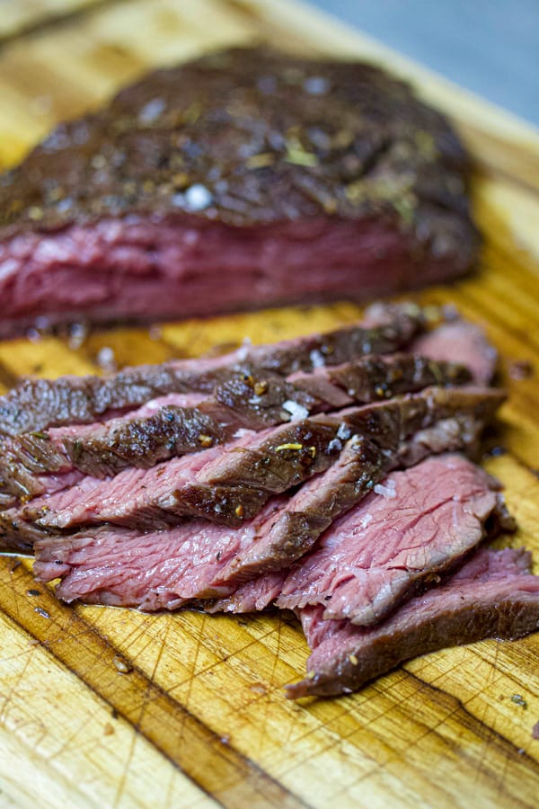 sous vide flap steak medium rare sliced