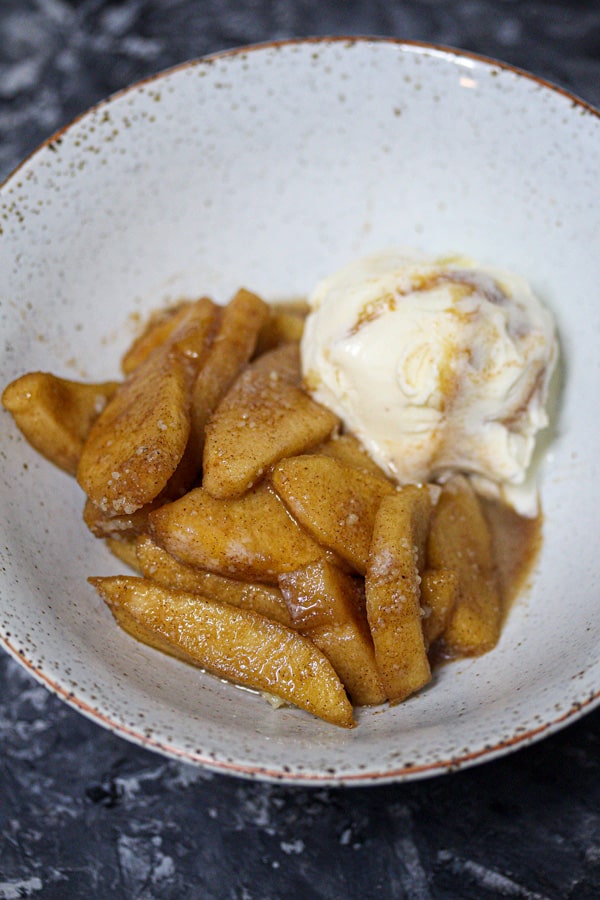 warm cinnamon apples with ice cream