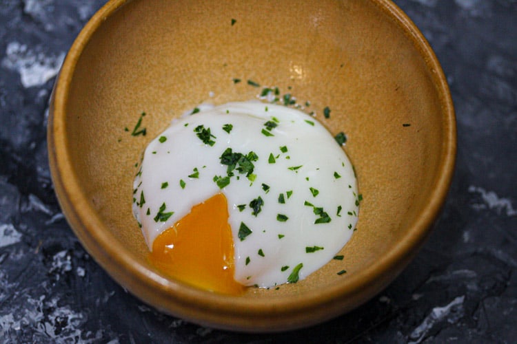 sous vide poached egg 167F at 14 mins in bowl yolk